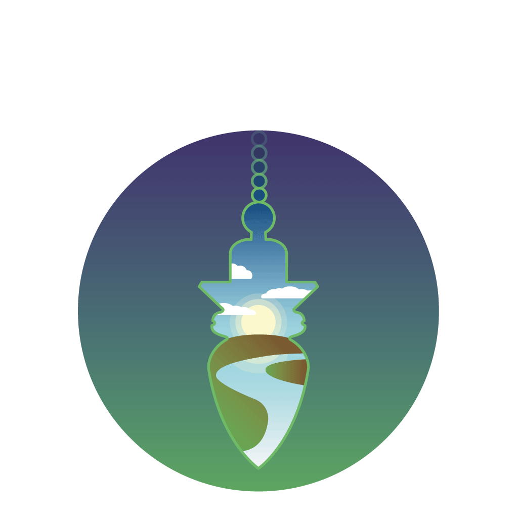 Logo en forme de pendule avec paysage intégré dedans.