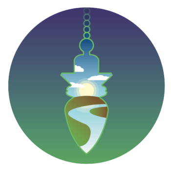 Logo en forme de pendule avec paysage intégré dedans.