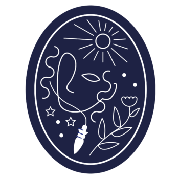 Logo avec visage, pendule outil de travail, plante et soleil représentant la terre et le ciel.
